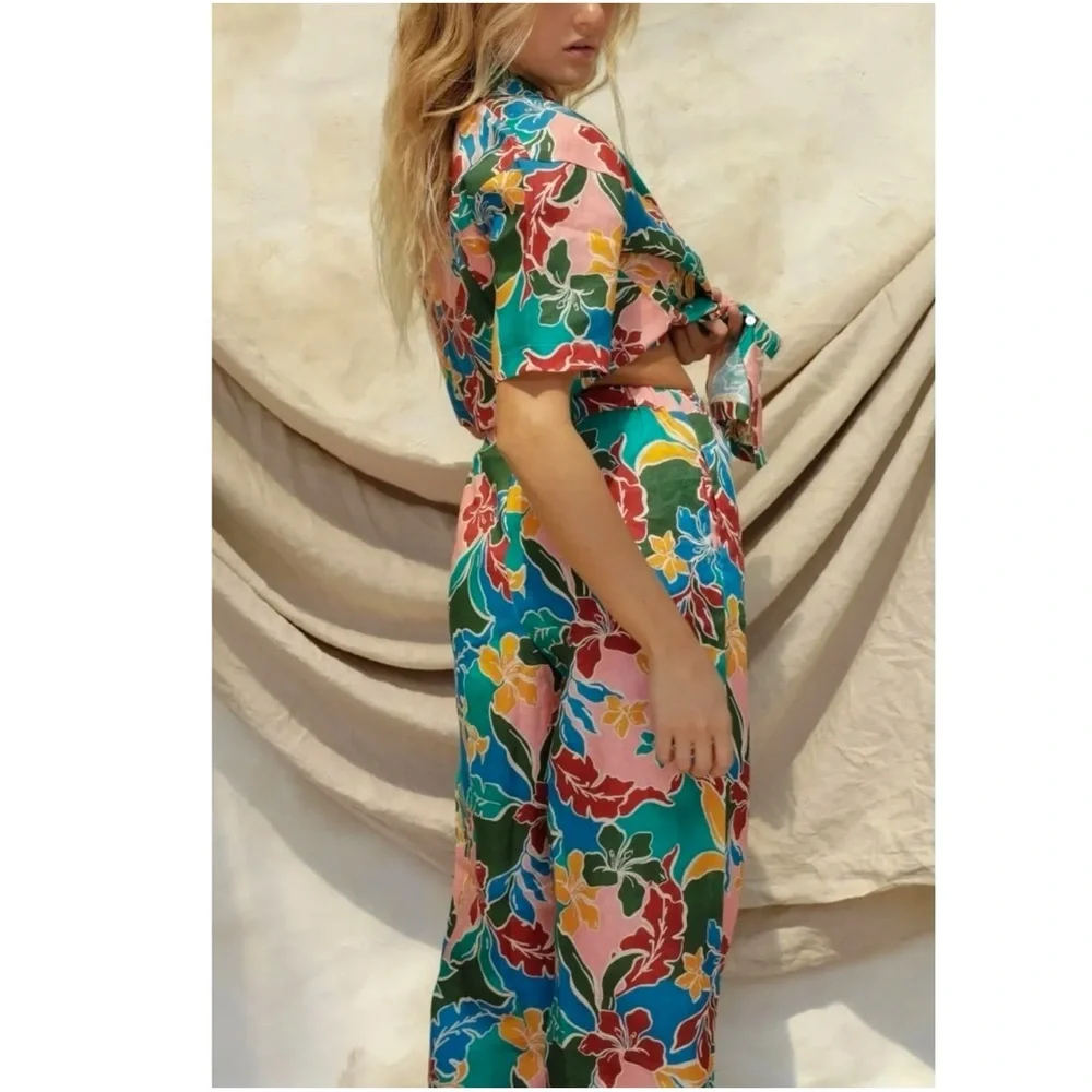 Stone Fox Swim X Free People Gita Linen Pants in Fiesta Floral XS Wide Leg NEW